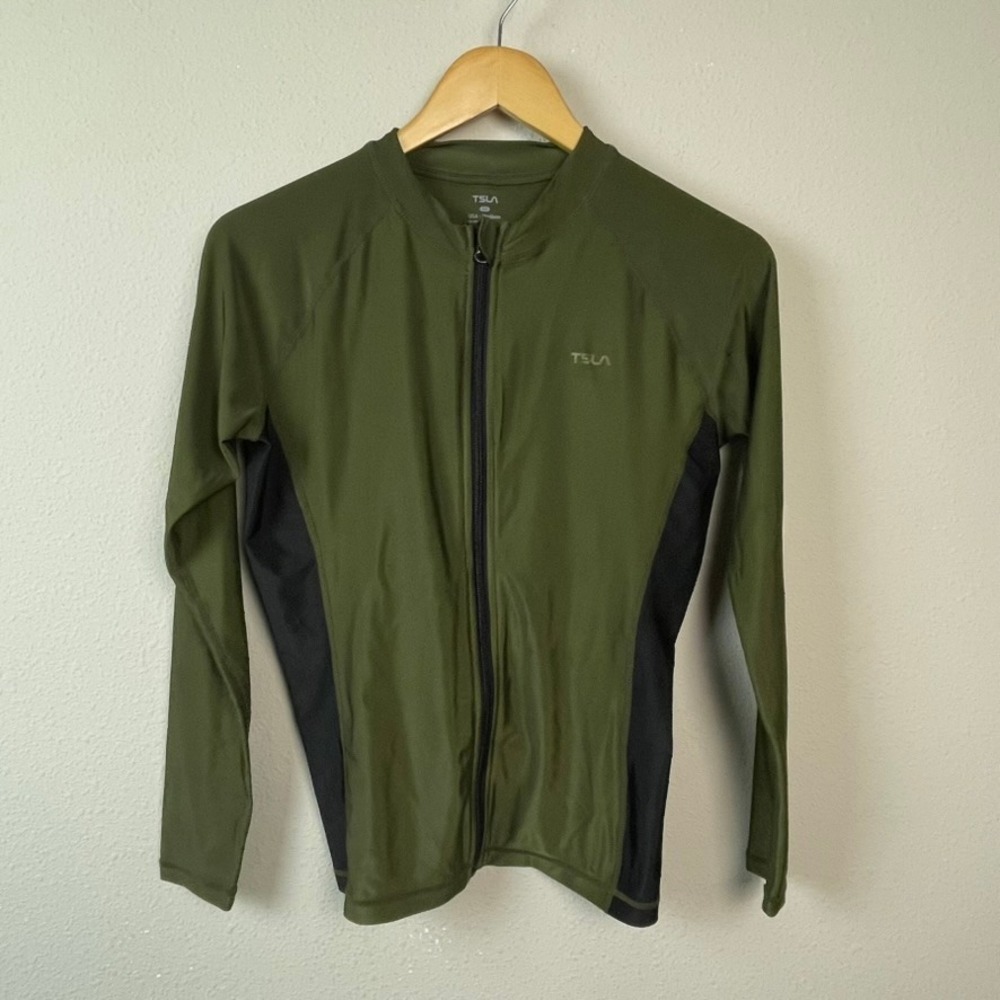 TSLA Full Zip Athletic Jacket Women Medium Olive Green Black Lightweight Sporty